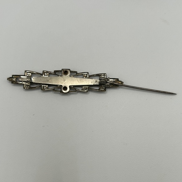 Art Nouveau Bar Pin Brooch Mother of Pearl and Crystal Rhinestones Rare Antique - Picture 6 of 11